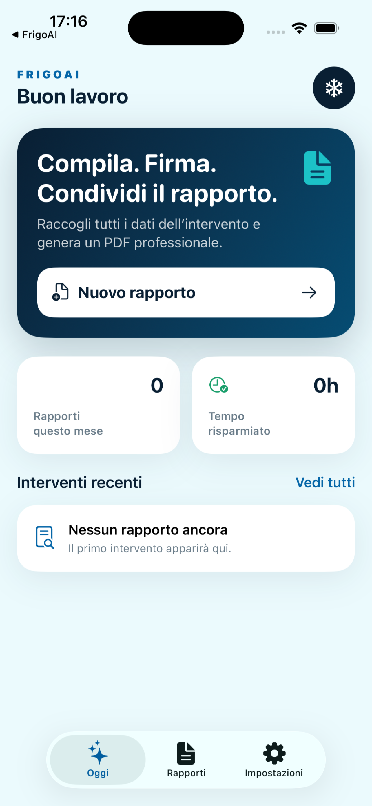 Schermata iniziale di FrigoAI con la creazione di un nuovo rapporto
