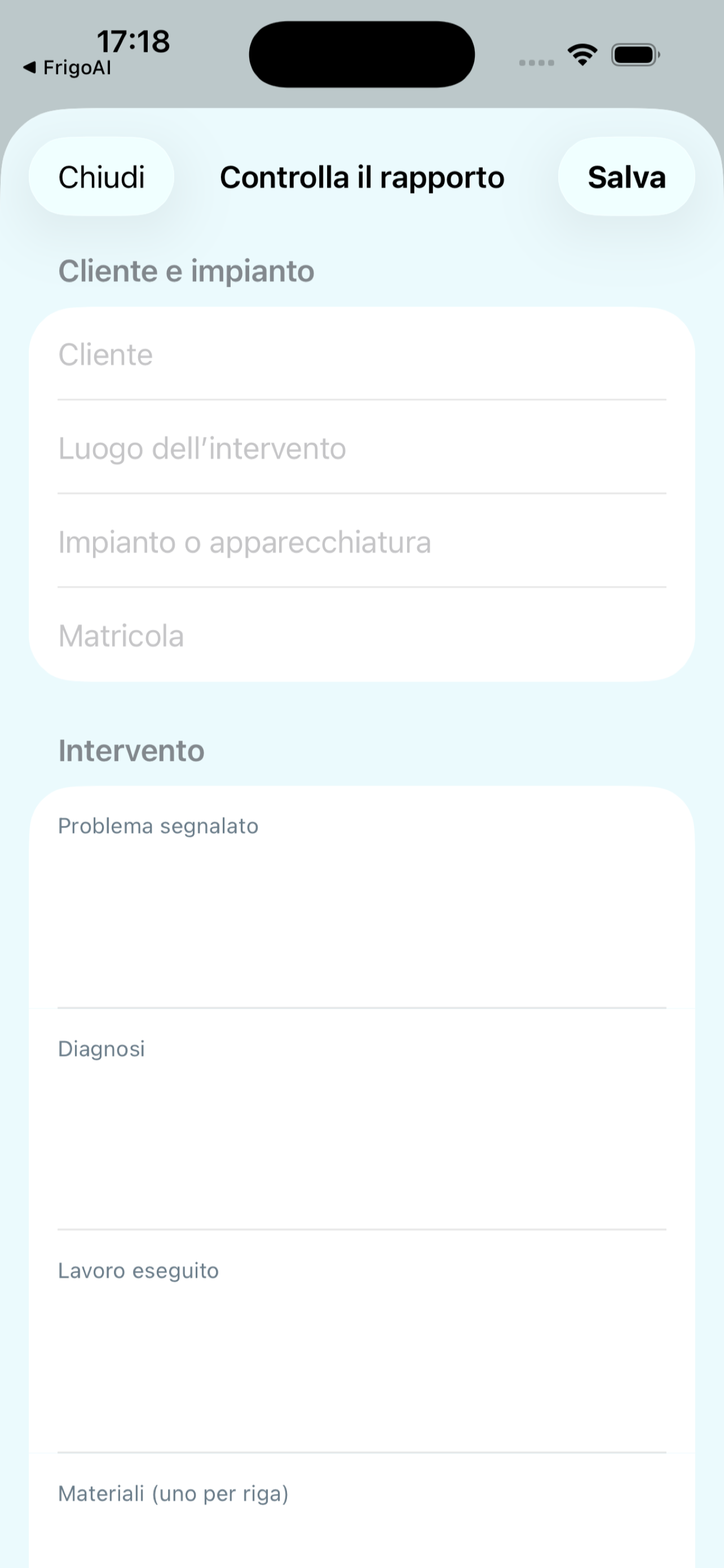 Schermata FrigoAI per compilare cliente, impianto e dati dell'intervento
