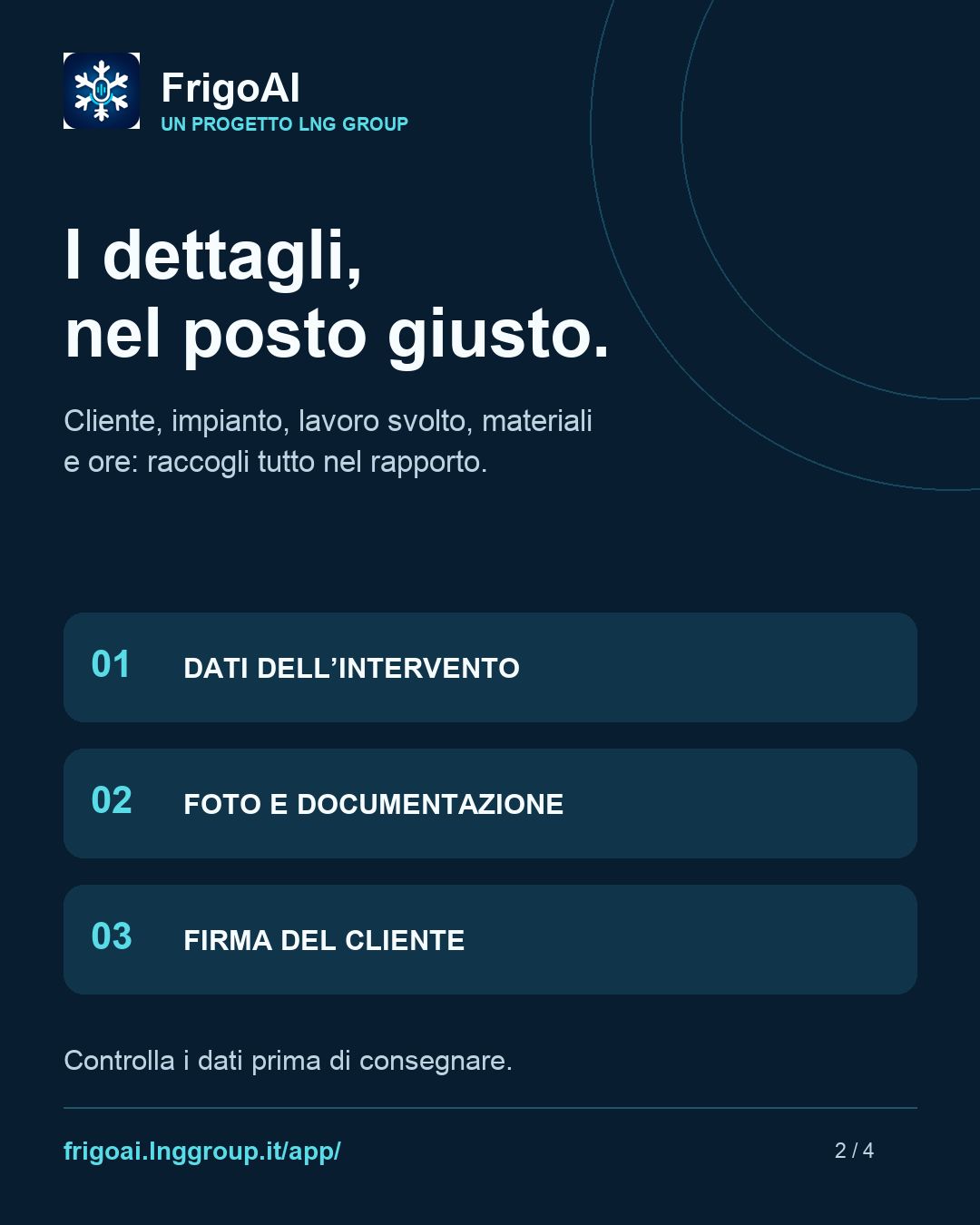 Dati dell’intervento, fotografie e firma del cliente.